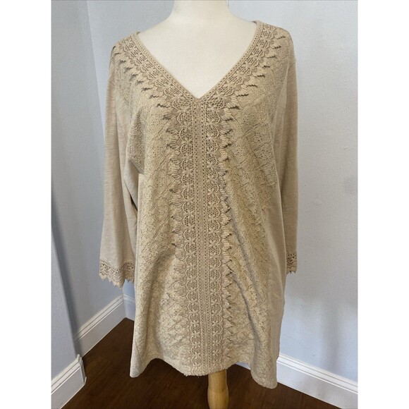 JM Collection Top Womens Plus 3X Tan V-Neck Embellished Blouse - Picture 1 of 12